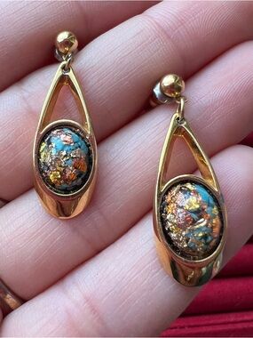 Gold-Tone Multicolor Glass Dome Drop Earrings